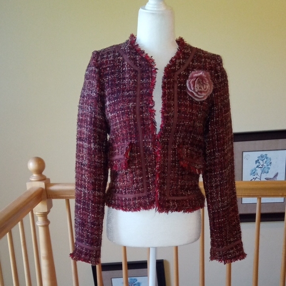 True Meaning Jackets & Blazers - True Meaning Elegant Burgundy Tweed Cardigan with Removable Brooch Floral Accent